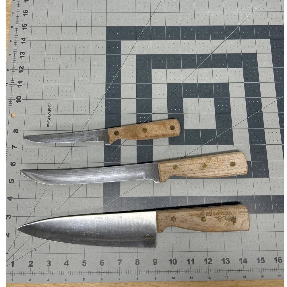 New Frontier Kitchen Knife Set Brown Wood Handle Stainless Steel 3pc Japan